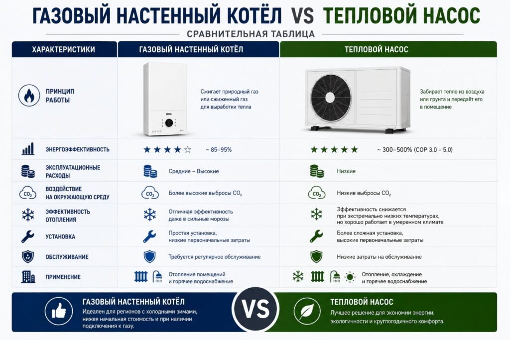 Газовый котел или тепловой насос: какую систему отопления выбрать для вашего проекта? (Гид 2026) 2 Сравнение характеристик газового котла и теплового насоса