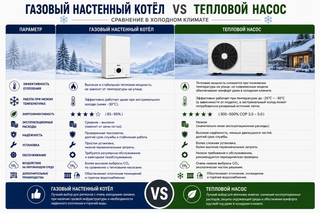 Газовый котел или тепловой насос: какую систему отопления выбрать для вашего проекта? (Гид 2026) 3 Газовый котёл и тепловой насос в холодном климате