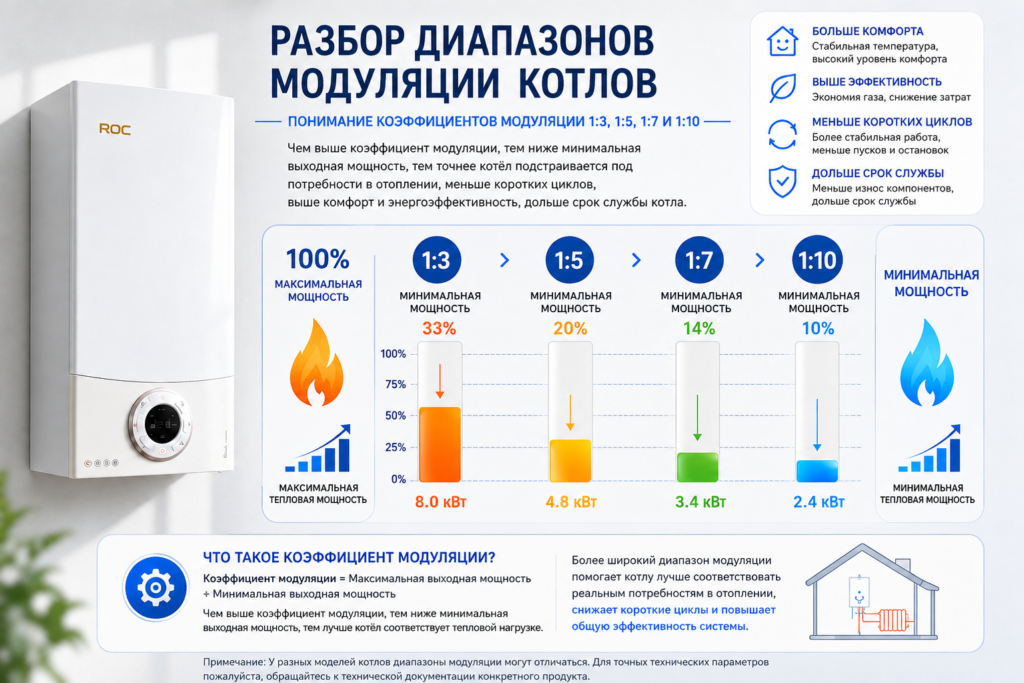 Схема коэффициента модуляции котла: максимальная и минимальная мощность горелки