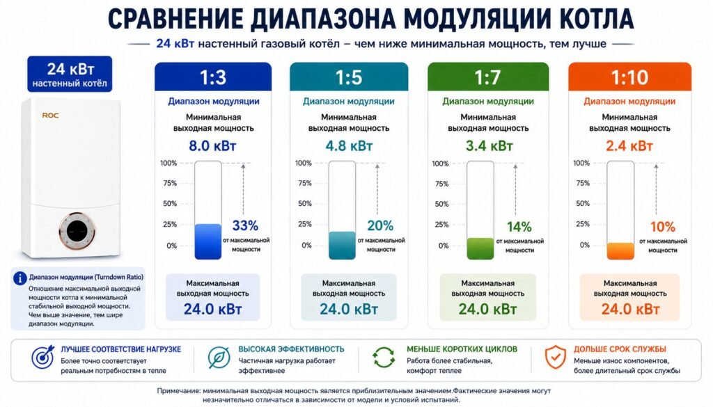 Сравнительная диаграмма коэффициентов регулирования котла 1:5, 1:7 и 1:10