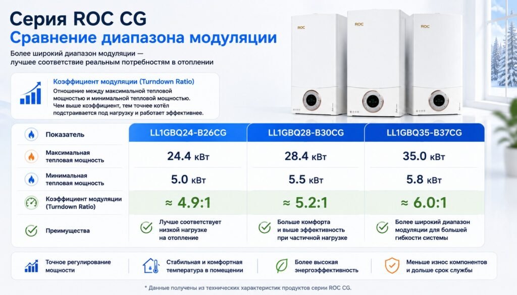 Сравнение коэффициентов модуляции конденсационного газового котла ROC серии CG